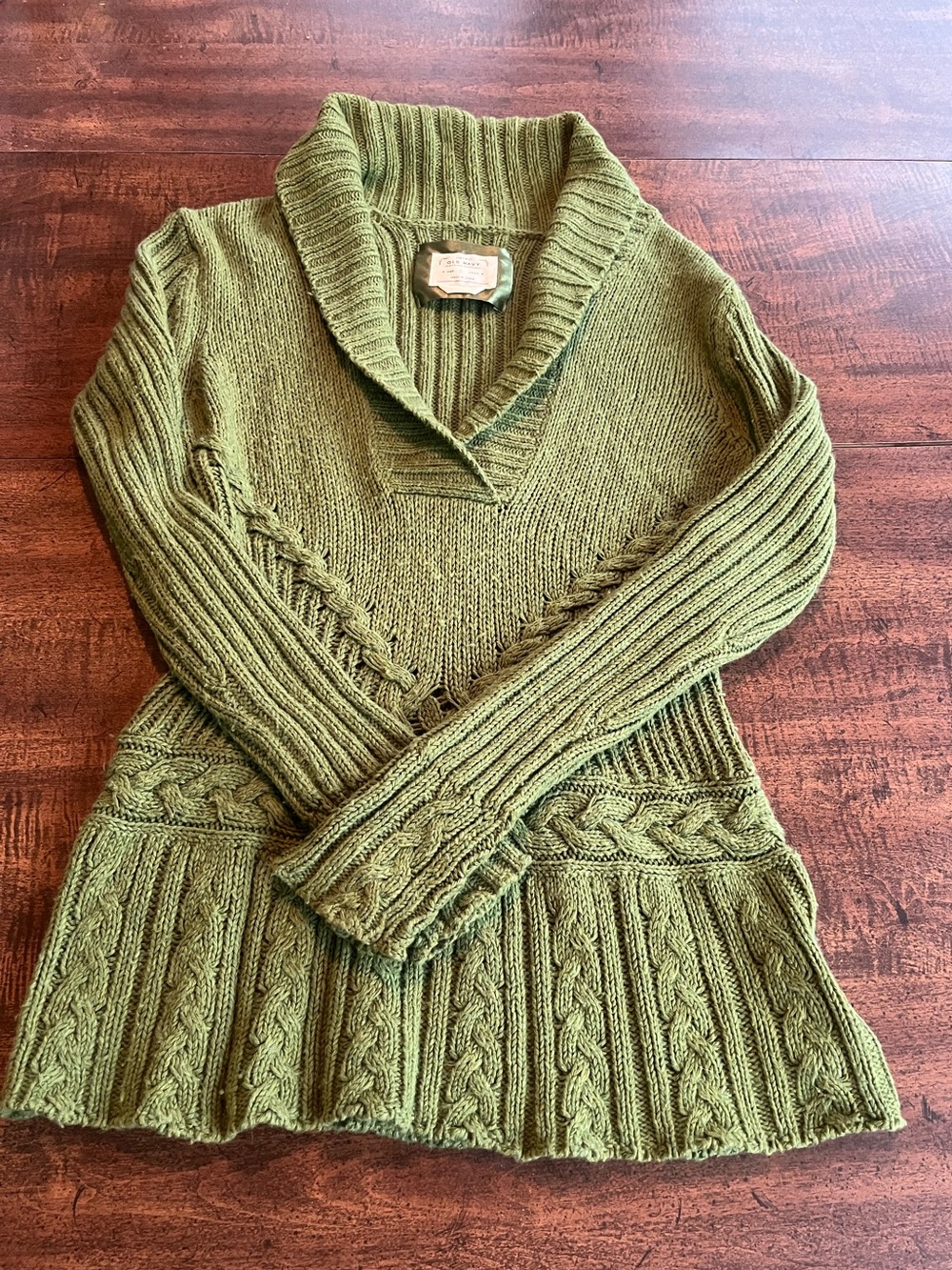 Y2K Old Navy Olive Green Cable Knit Sweater Sz S Shawl Collar Peplum Wool Angora